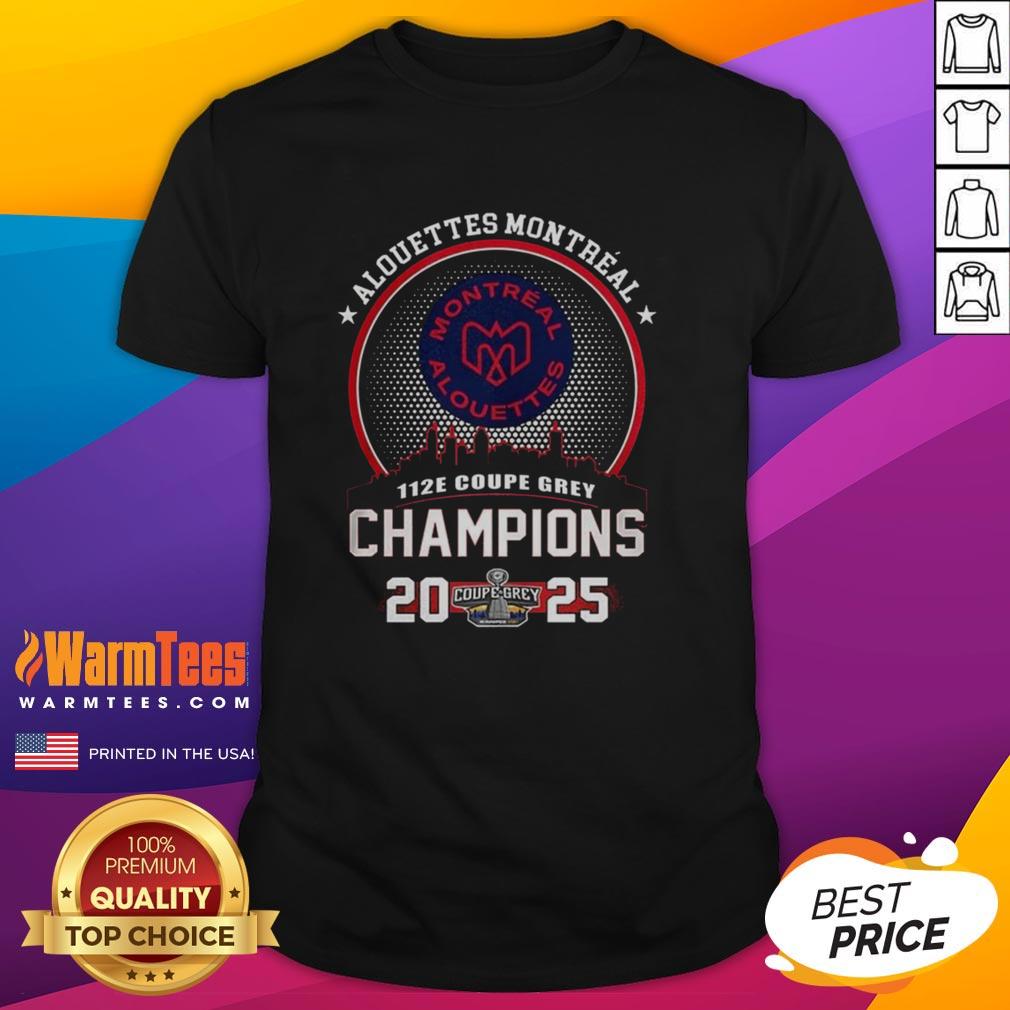 Montreal Alouettes 2025 Grey Cup Champions t-shirt featuring the city skyline design in vibrant colors.