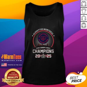 Montreal Alouettes 112E Grey Cup Champions 2025 tank top with Montreal skyline background, celebrating team pride.