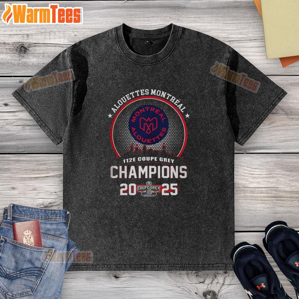 Montreal Alouettes 2025 Grey Cup Champions washed t-shirt featuring the city skyline design, perfect for fans.