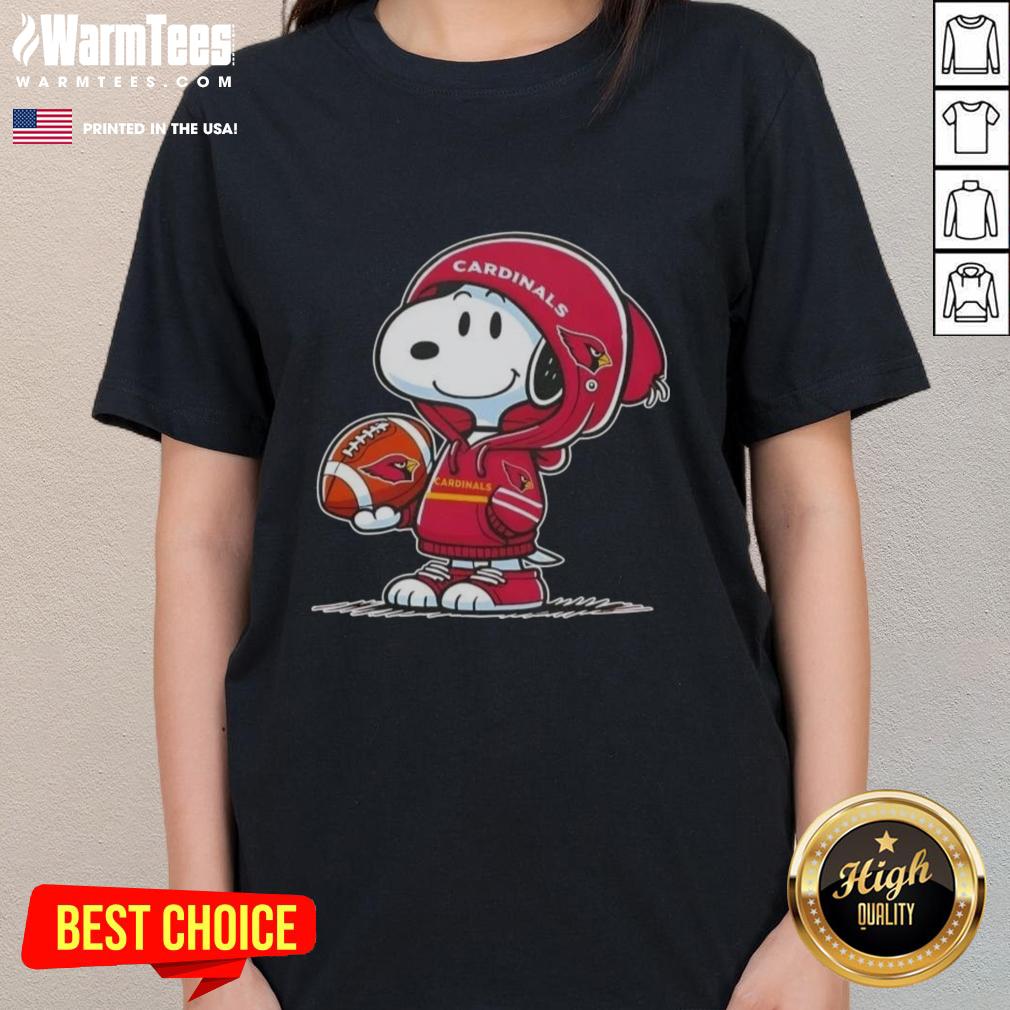 Snoopy wearing an Arizona Cardinals hoodie, smiling at fans on a ladies tee featuring nice peanuts design.