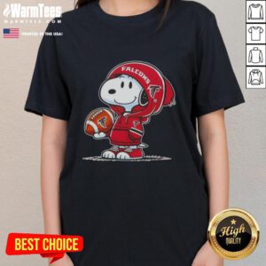 Snoopy wearing an Atlanta Falcons hoodie smiles at fans on a ladies tee featuring Nice Peanuts design.