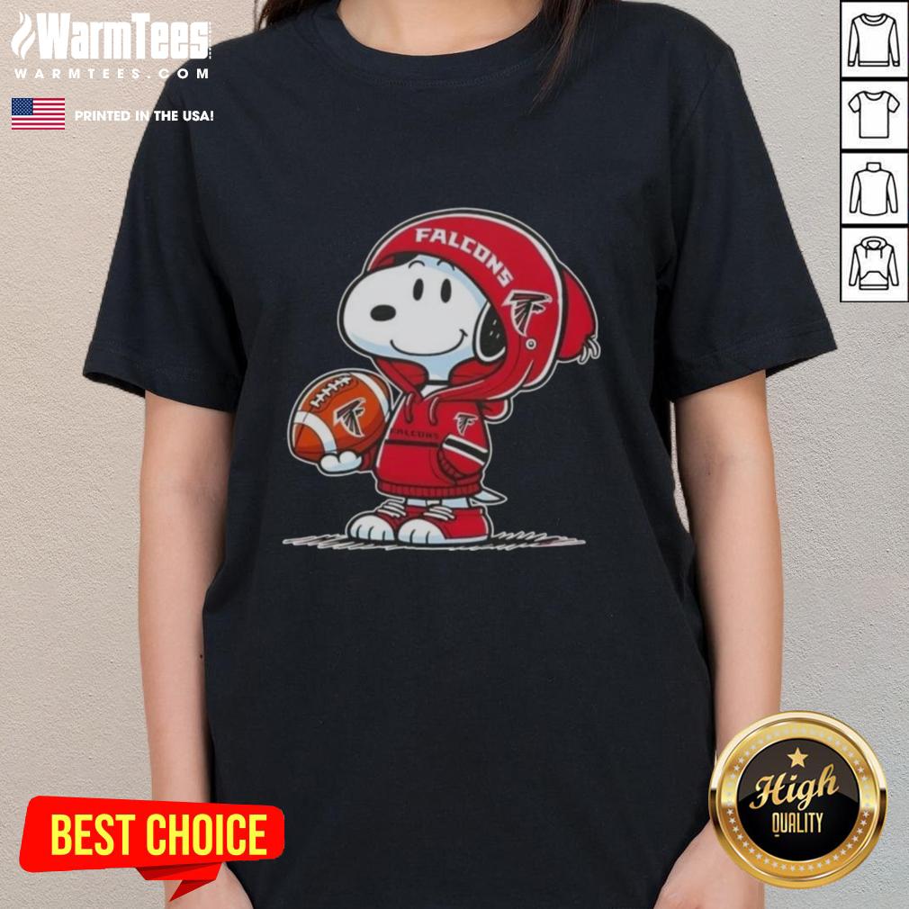 Snoopy wearing an Atlanta Falcons hoodie smiles at fans on a ladies tee featuring Nice Peanuts design.
