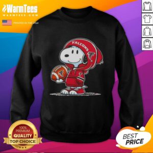 Alt Text: Snoopy wearing an Atlanta Falcons hoodie, smiling at fans while showcasing a cozy Nice Peanuts sweatshirt.