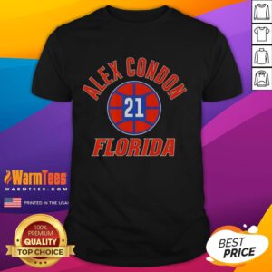 Premium Florida Gators Basketball Alex Condon 21 T-Shirt featuring vibrant team colors and bold name and number design.
