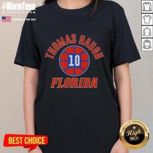 Premium Florida Gators Basketball Ladies Tee featuring Thomas Haugh's name and number 10 design.