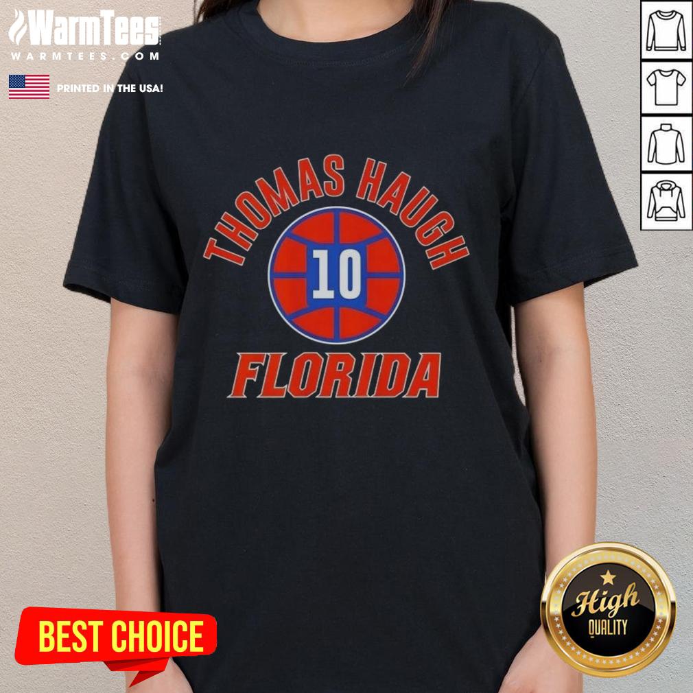 Premium Florida Gators Basketball Ladies Tee featuring Thomas Haugh's name and number 10 design.