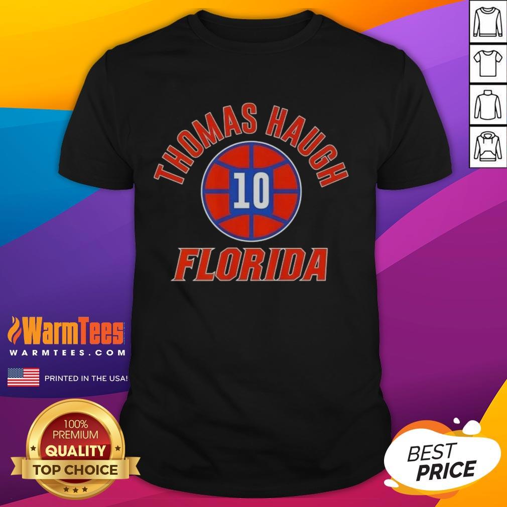 Alt Text: Premium Florida Gators Basketball T-Shirt featuring Thomas Haugh's name and number 10, perfect for fans and players.
