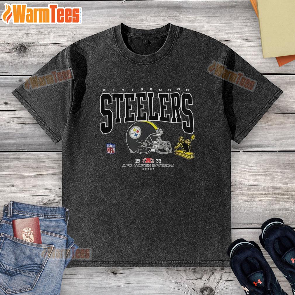 Alt Text: Premium Pittsburgh Steelers Football AFC North Division Est. 1933 logo on a washed t-shirt, perfect for fans.
