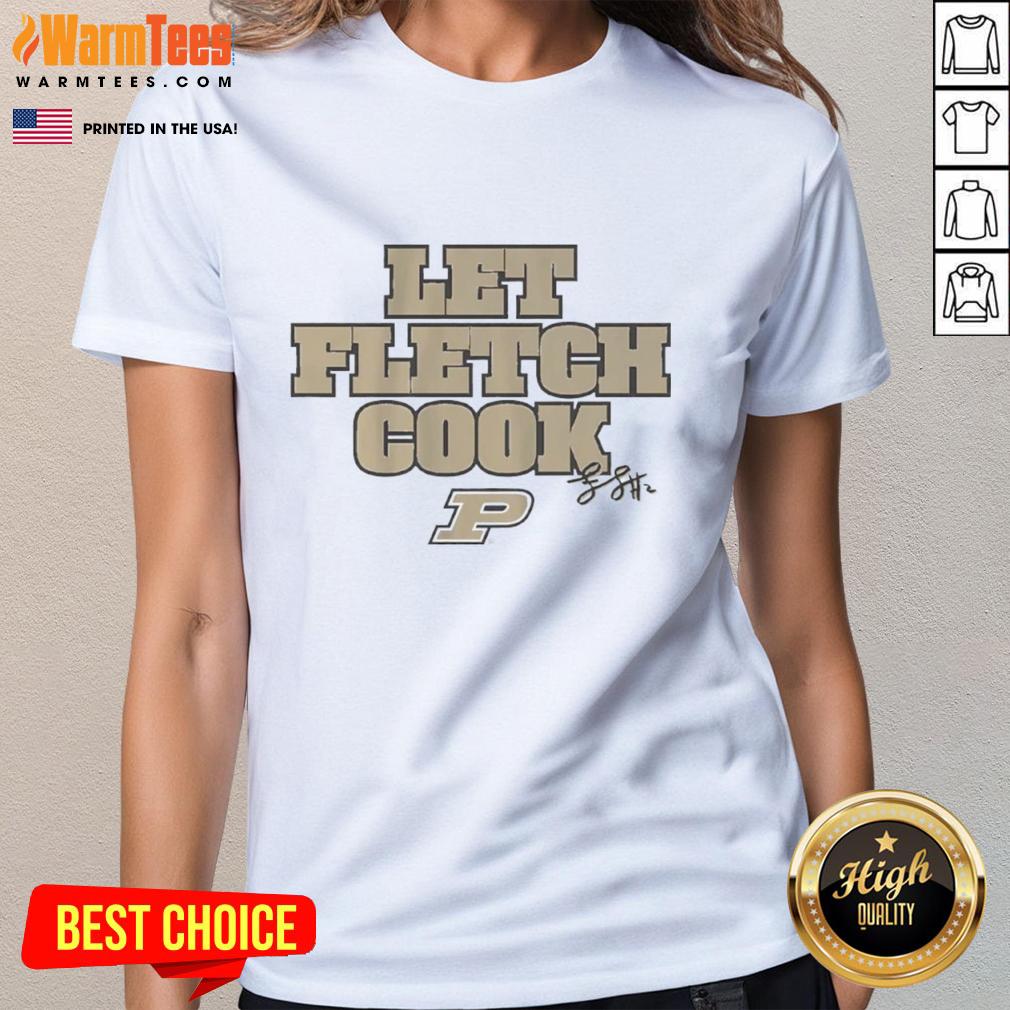 Alt Text: Premium Purdue Boilermakers basketball tee featuring Fletcher Loyer's Let Fletch Cook signature for ladies.