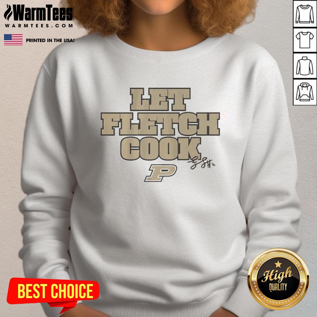 Alt Text: Premium Purdue Boilermakers basketball sweatshirt featuring Fletcher Loyer's Let Fletch Cook signature design.