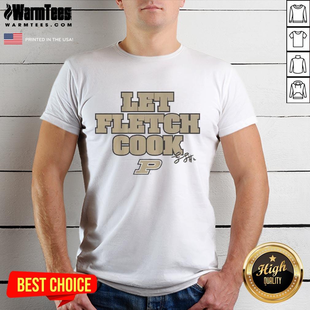Premium Purdue Boilermakers Basketball Fletcher Loyer 'Let Fletch Cook' signature T-shirt in black with team logo.