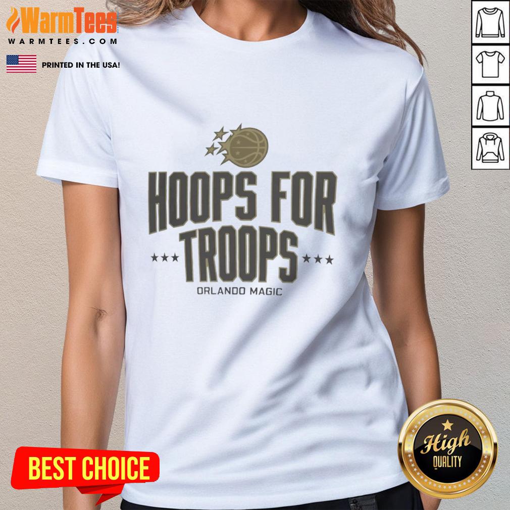 Stylish Orlando Magic basketball ladies tee featuring Pretty Hoops for Troops design, perfect for fans and support.