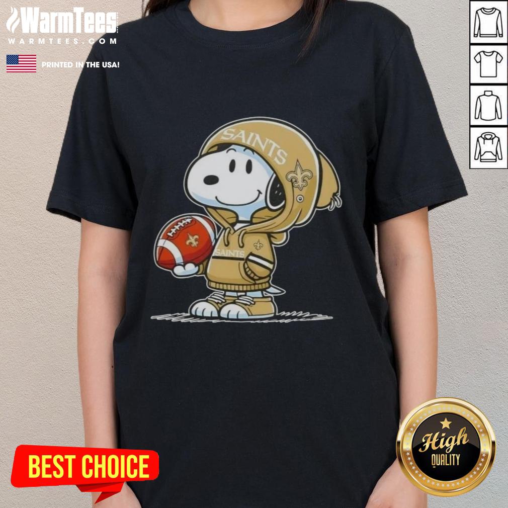 Snoopy in a hoodie, smiling at fans, showcasing Pretty Peanuts New Orleans Saints ladies tee design.