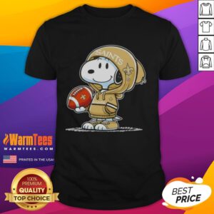 Alt Text: Pretty Peanuts Snoopy in a hoodie smiles at fans, showcasing New Orleans Saints spirit on a trendy T-shirt.