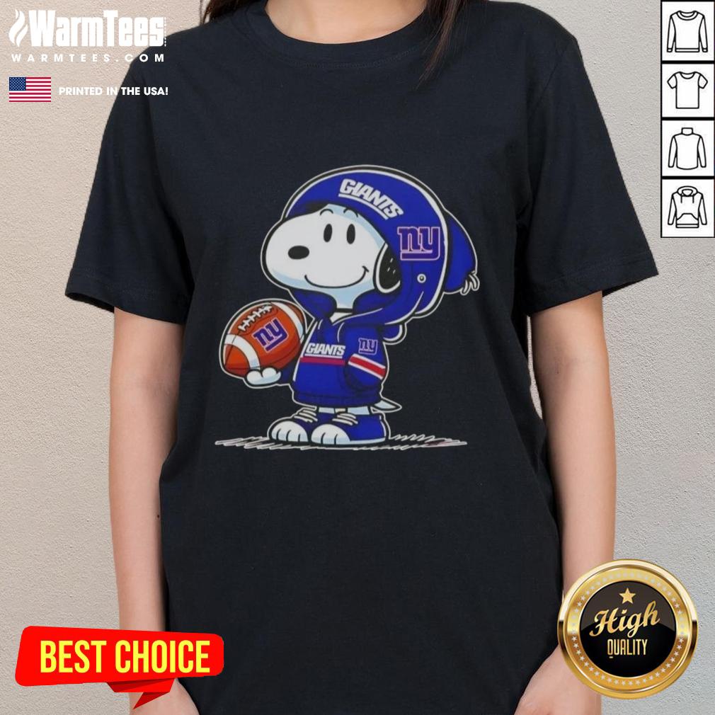 Pretty Peanuts Snoopy in a New York Giants hoodie, smiling at fans on a ladies tee design, perfect for sports lovers.