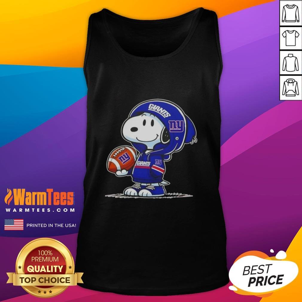 Alt Text: Snoopy in a New York Giants hoodie smiling at fans on a tank top featuring Pretty Peanuts design.