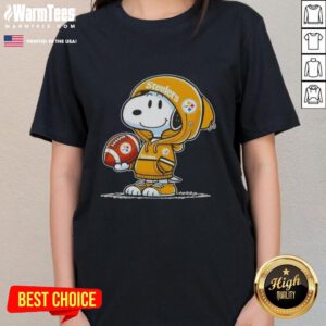 Cute Snoopy in a hoodie supporting Pittsburgh Steelers, smiling at fans on a ladies tee featuring pretty peanuts design.