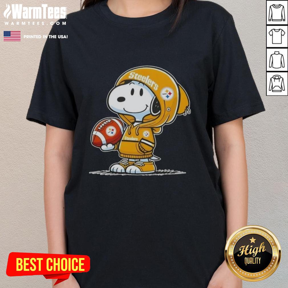 Cute Snoopy in a hoodie supporting Pittsburgh Steelers, smiling at fans on a ladies tee featuring pretty peanuts design.