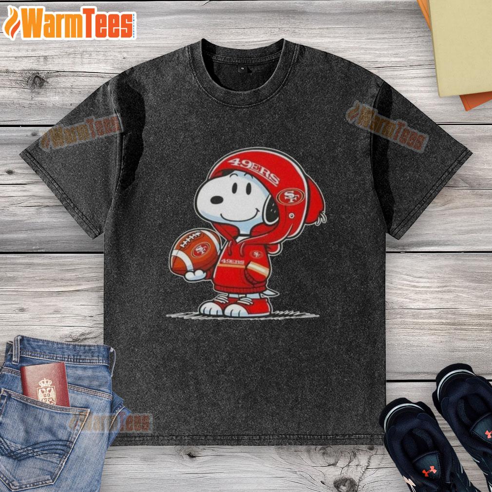 Alt Text: Snoopy in a hoodie smiling at fans, showcasing a San Francisco 49ers washed t-shirt, perfect for NFL fans.