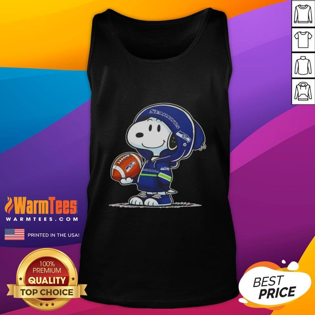 Snoopy in a Seahawks hoodie smiles at fans, featured on a tank top design inspired by Pretty Peanuts.