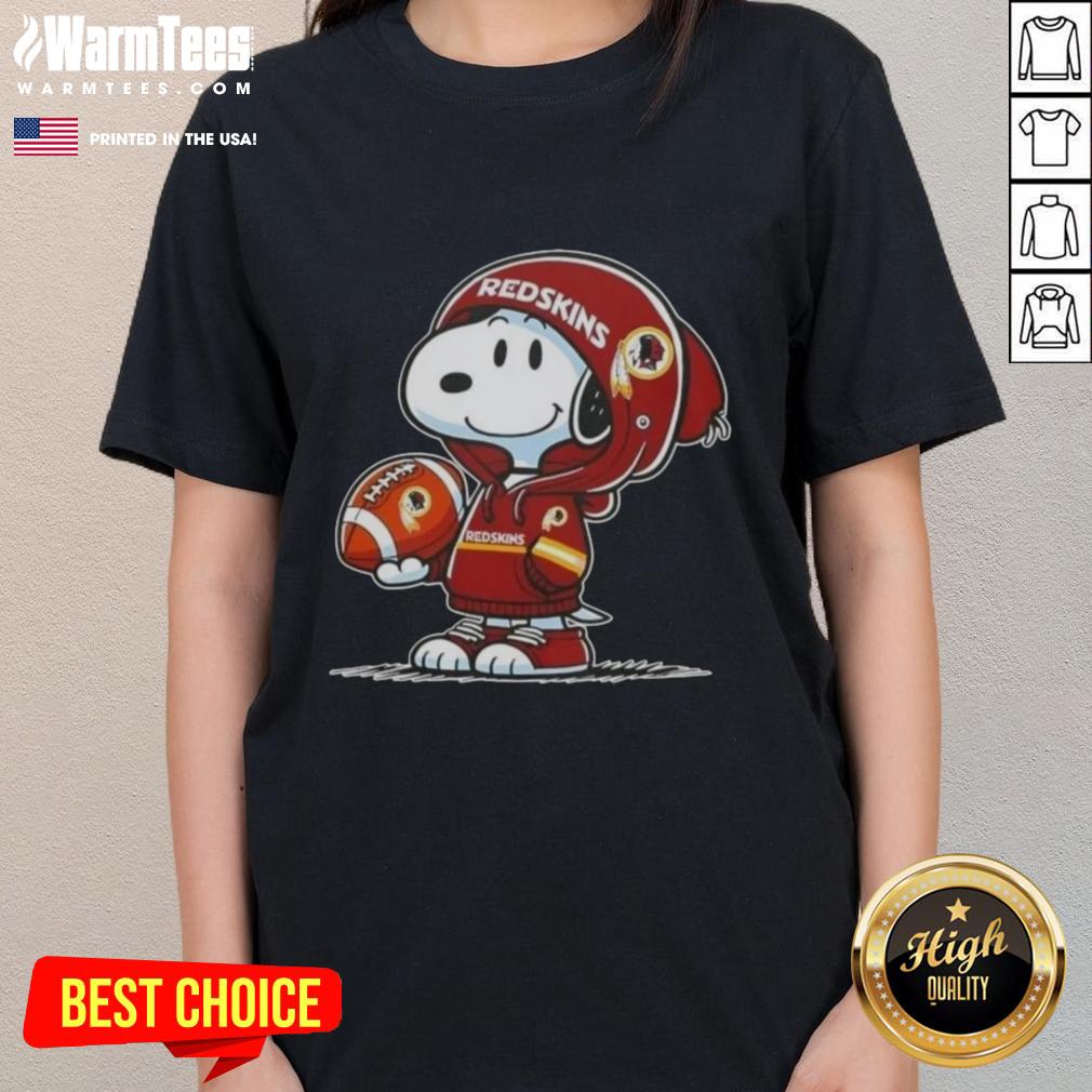Alt Text: Snoopy in a hoodie, smiling at fans, wearing Washington Commanders gear on a ladies' tee, showcasing Pretty Peanuts design.