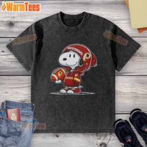 Snoopy in a hoodie smiles at fans, featuring a Washington Commanders theme on a washed t-shirt.