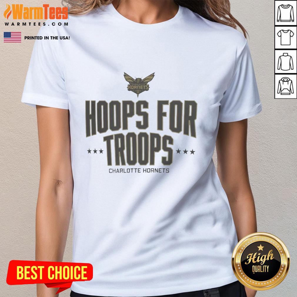 Alt Text: Top Hoops for Troops Charlotte Hornets basketball ladies tee featuring team colors and logo in a stylish design.