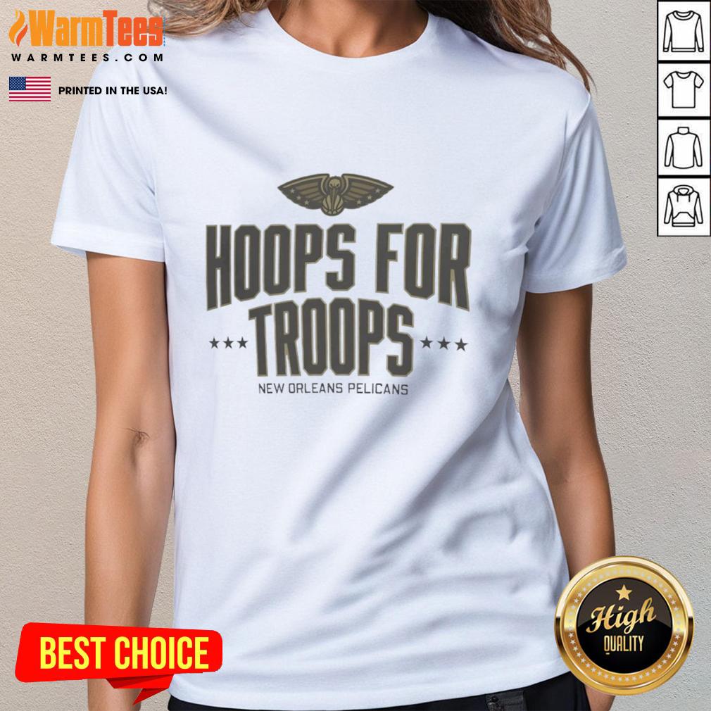 Top Hoops for Troops New Orleans Pelicans basketball ladies tee, featuring team colors and logo in a stylish design.
