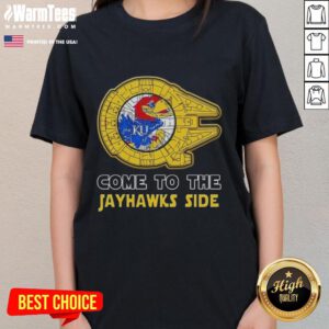 Alt Text: Top Star Wars Kansas Jayhawks Side Ladies Tee featuring a stylish design for fans of both franchises.
