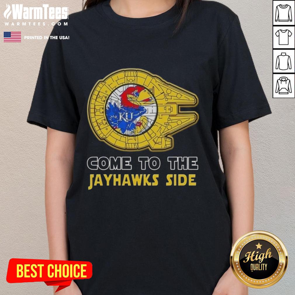 Alt Text: Top Star Wars Kansas Jayhawks Side Ladies Tee featuring a stylish design for fans of both franchises.