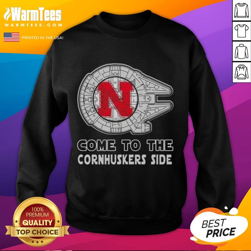 Top Star Wars Come to the Nebraska Cornhuskers side sweatshirt featuring iconic characters and team colors.