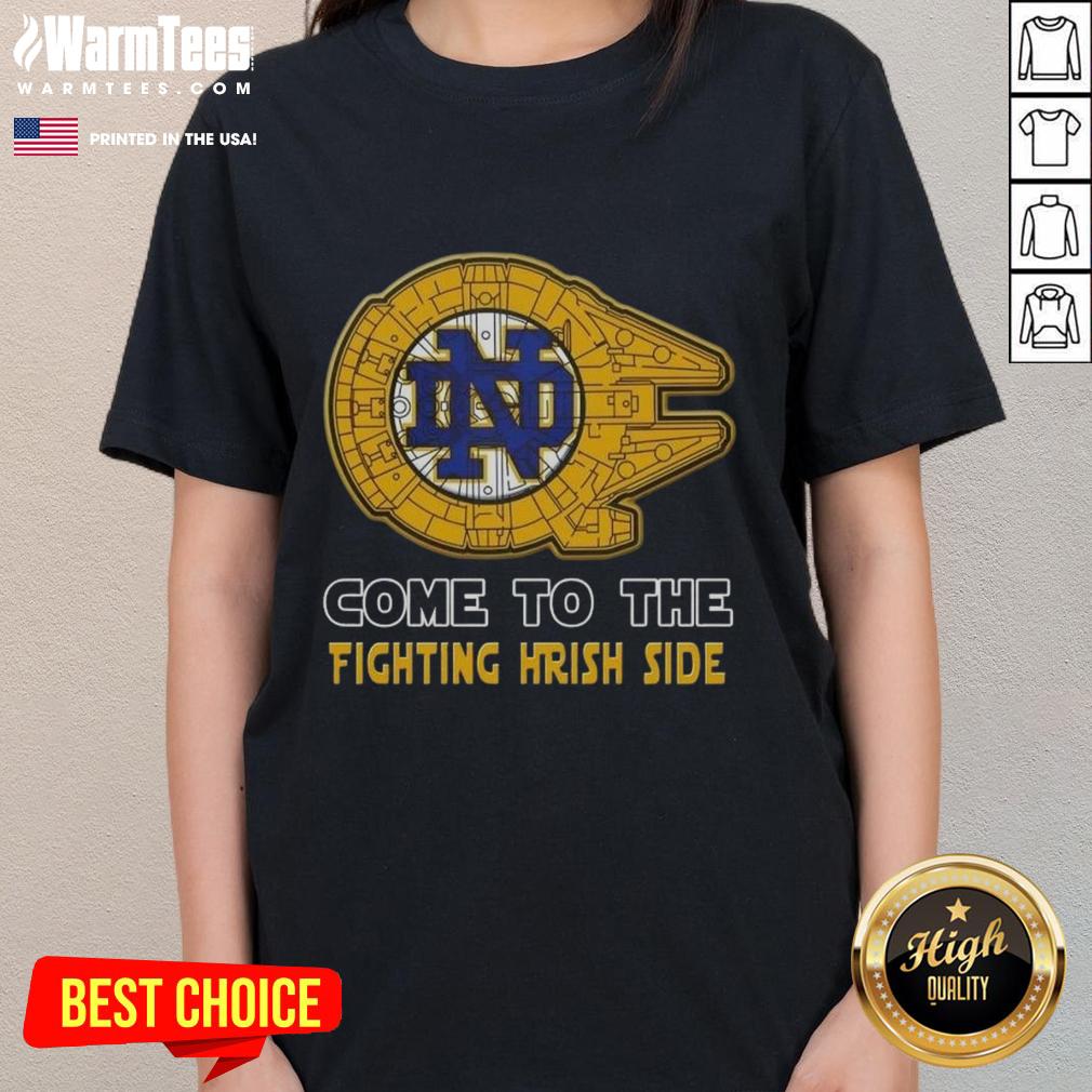 Top Star Wars-themed Notre Dame Fighting Irish ladies tee featuring iconic characters and vibrant colors.
