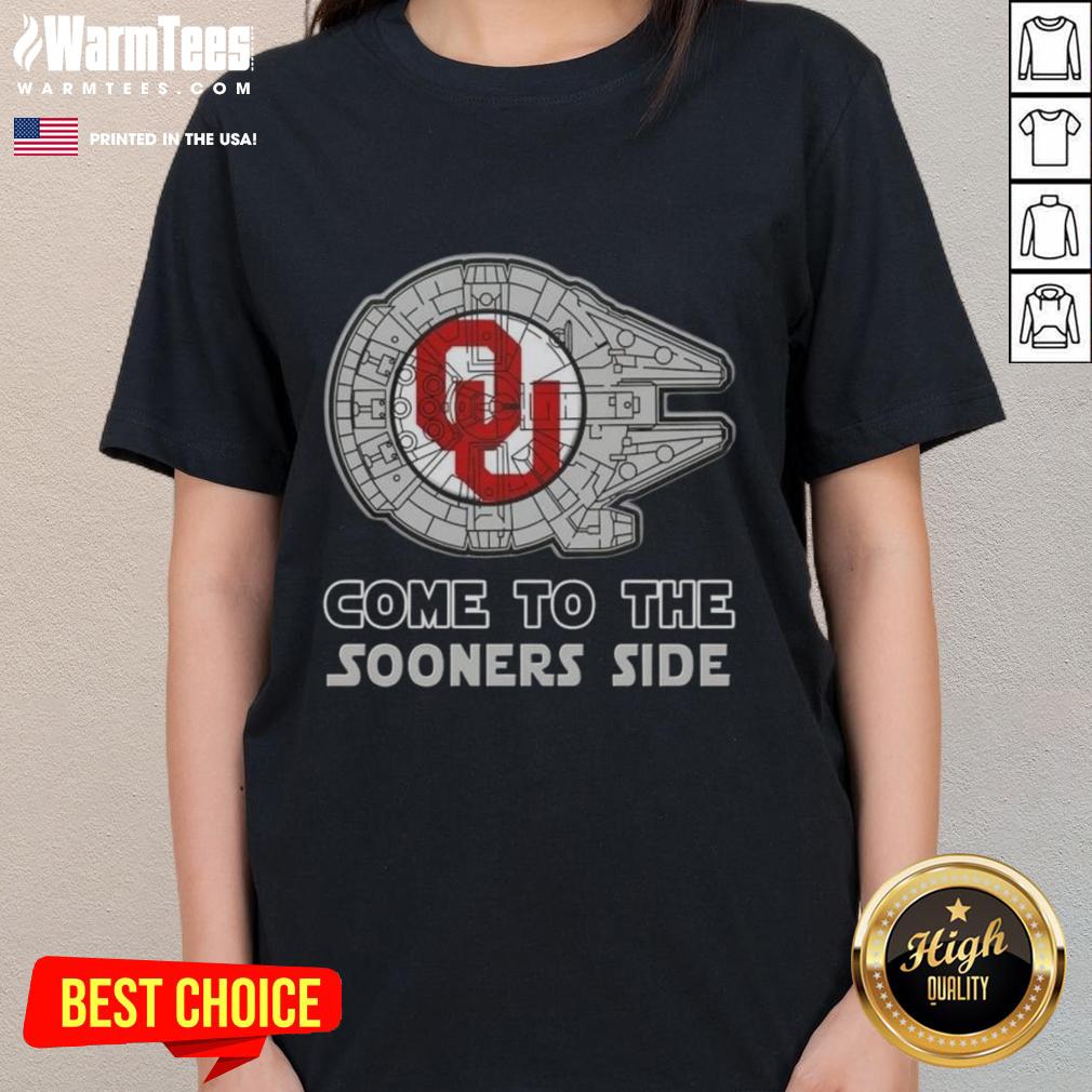 Top Star Wars Come to the Oklahoma Sooners Side Ladies Tee featuring vibrant graphics and comfortable fit for fans.