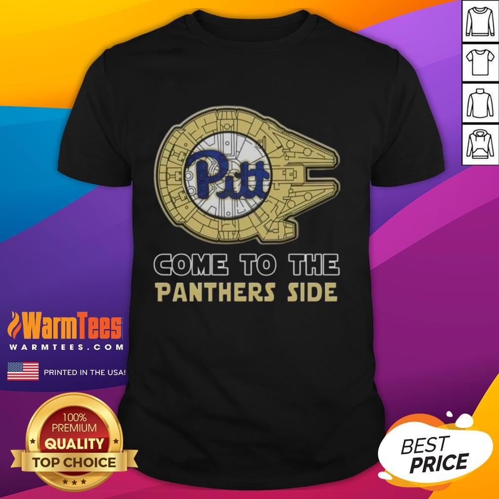 Top Star Wars Come To The Pittsburgh Panthers Side T-Shirt featuring iconic characters and team colors for fans.