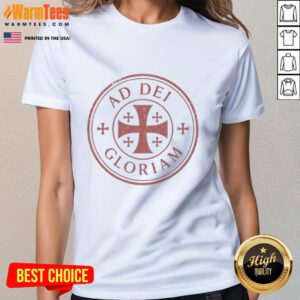 Awesome Ad Dei Gloriam logo on a stylish ladies tee, perfect for casual wear and expressing faith with fashion.