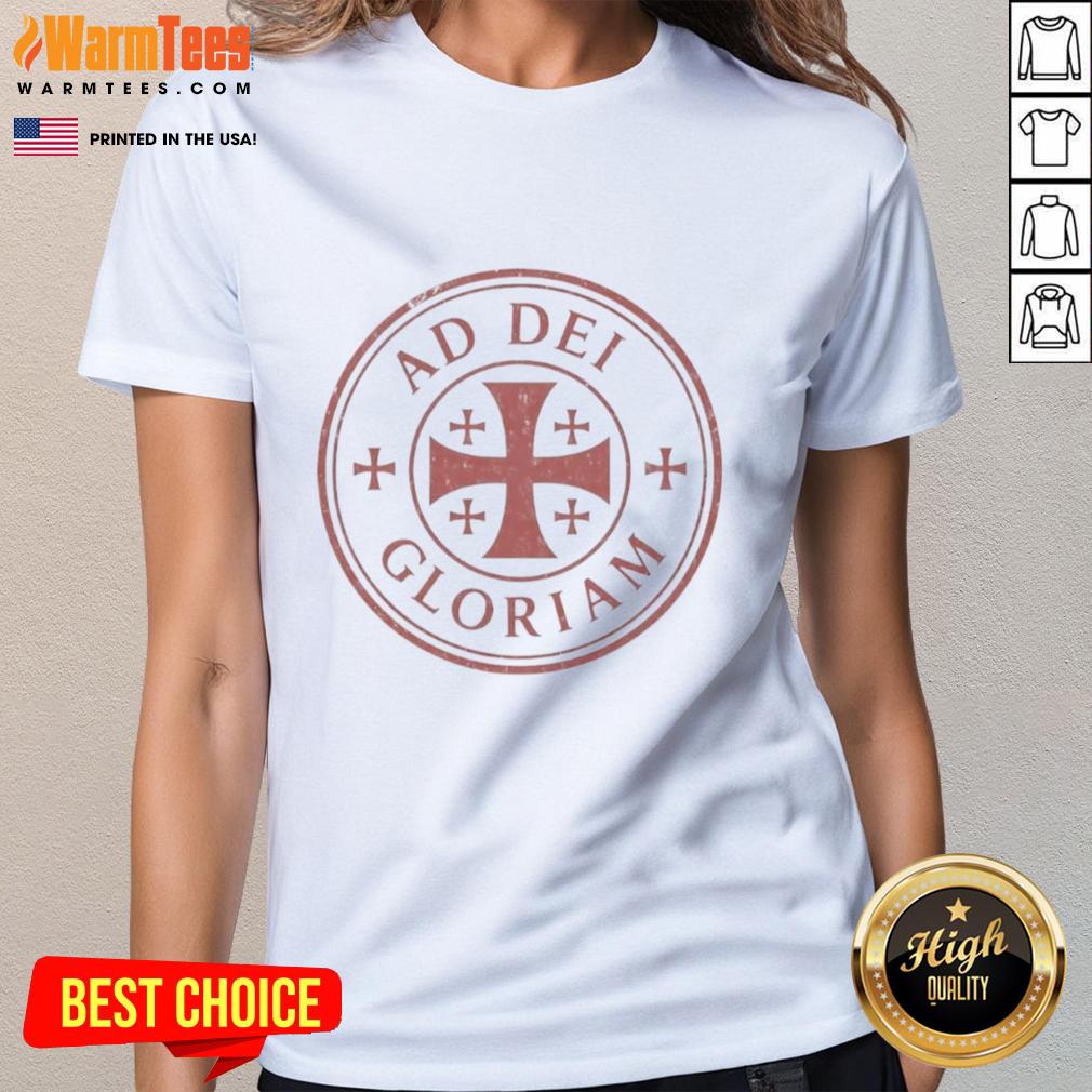 Awesome Ad Dei Gloriam logo on a stylish ladies tee, perfect for casual wear and expressing faith with fashion.