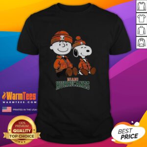Alt Text: Awesome Charlie Brown and Snoopy Miami Hurricanes T-shirt featuring vibrant graphics for fans and collectors.