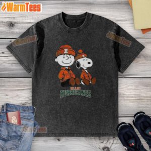 Alt Text: Awesome Charlie Brown and Snoopy Miami Hurricanes washed t-shirt featuring vibrant graphics and a comfortable fit.