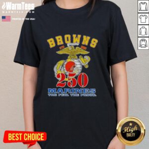 Awesome Cleveland Browns X U.S.M.C 250th Birthday Celebration Ladies Tee showcasing team spirit and military pride.