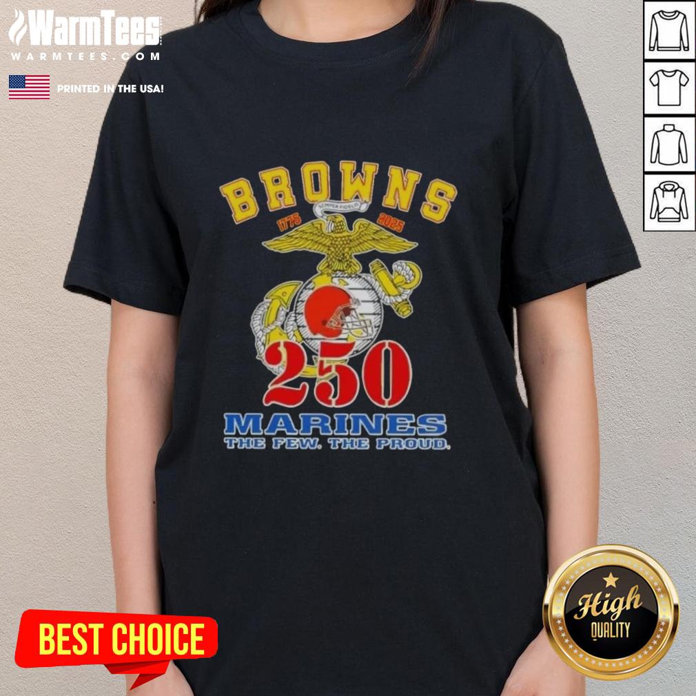 Awesome Cleveland Browns X U.S.M.C 250th Birthday Celebration Ladies Tee showcasing team spirit and military pride.