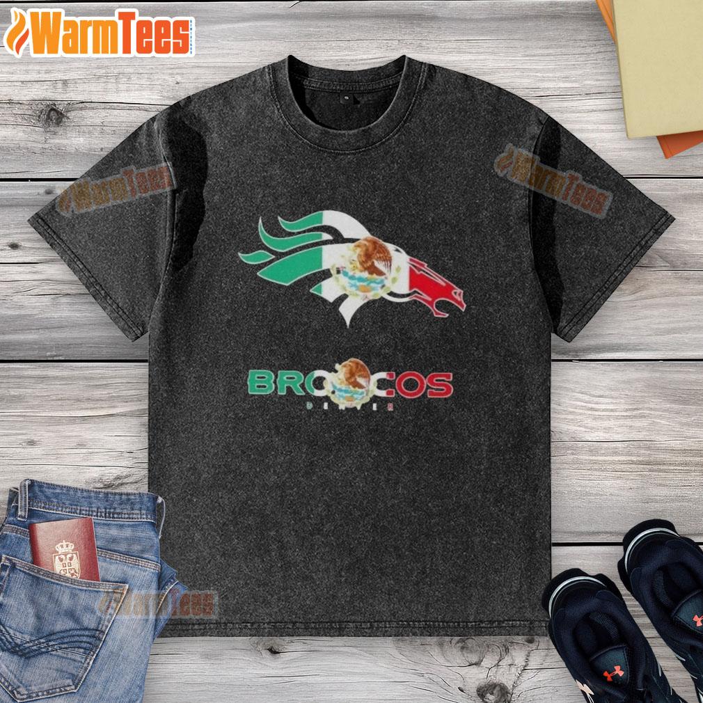 Awesome Denver Broncos football t-shirt featuring a vibrant Mexican flag logo design, perfect for fans.