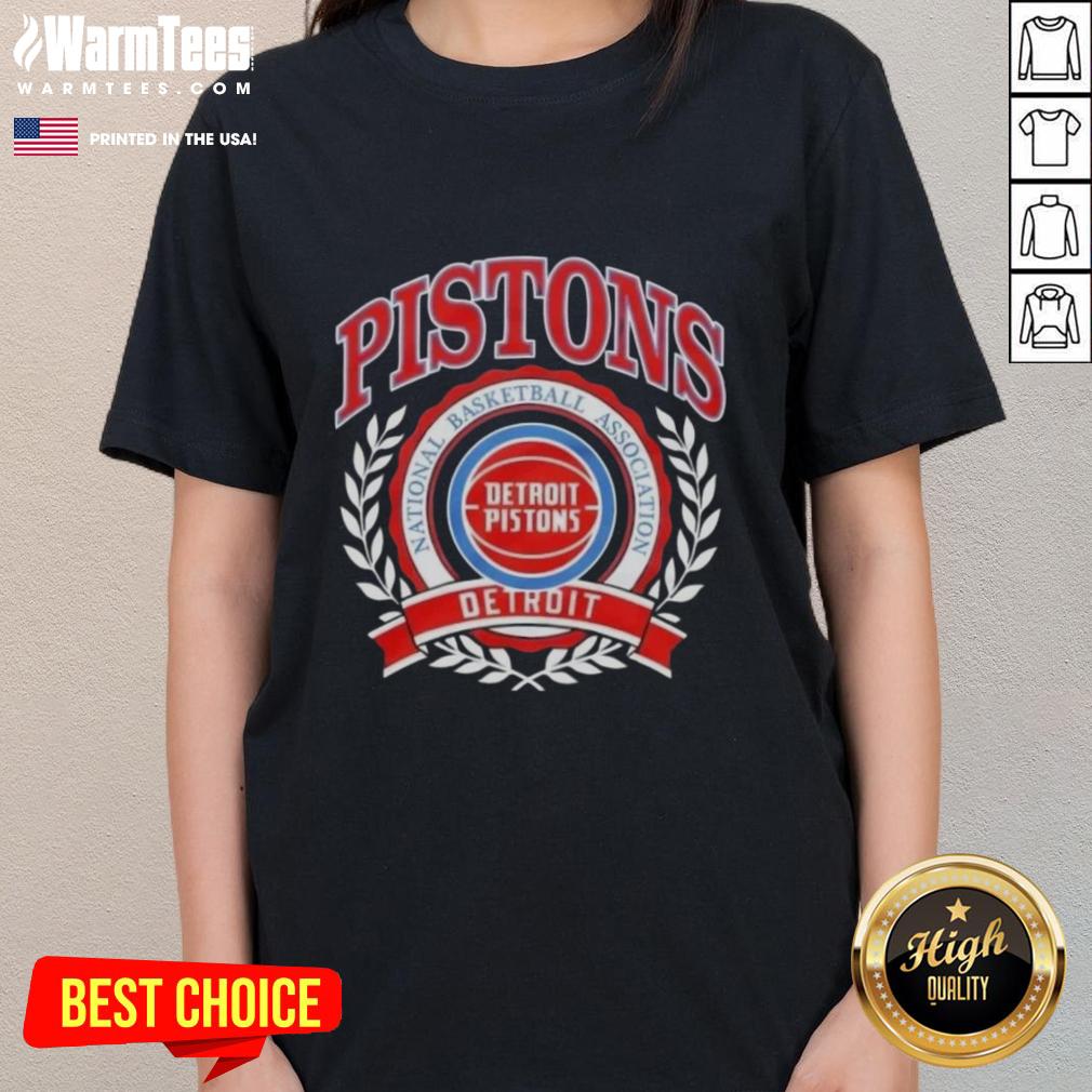 Ladies tee featuring the Awesome Detroit Pistons National Basketball Association crest in vibrant colors.