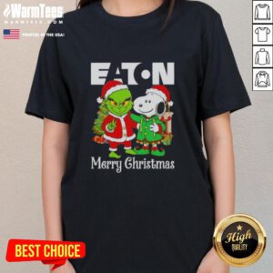 Alt Text: Awesome Eaton Corporation X Grinch and Snoopy Merry Christmas Ladies Tee featuring festive designs for holiday cheer.