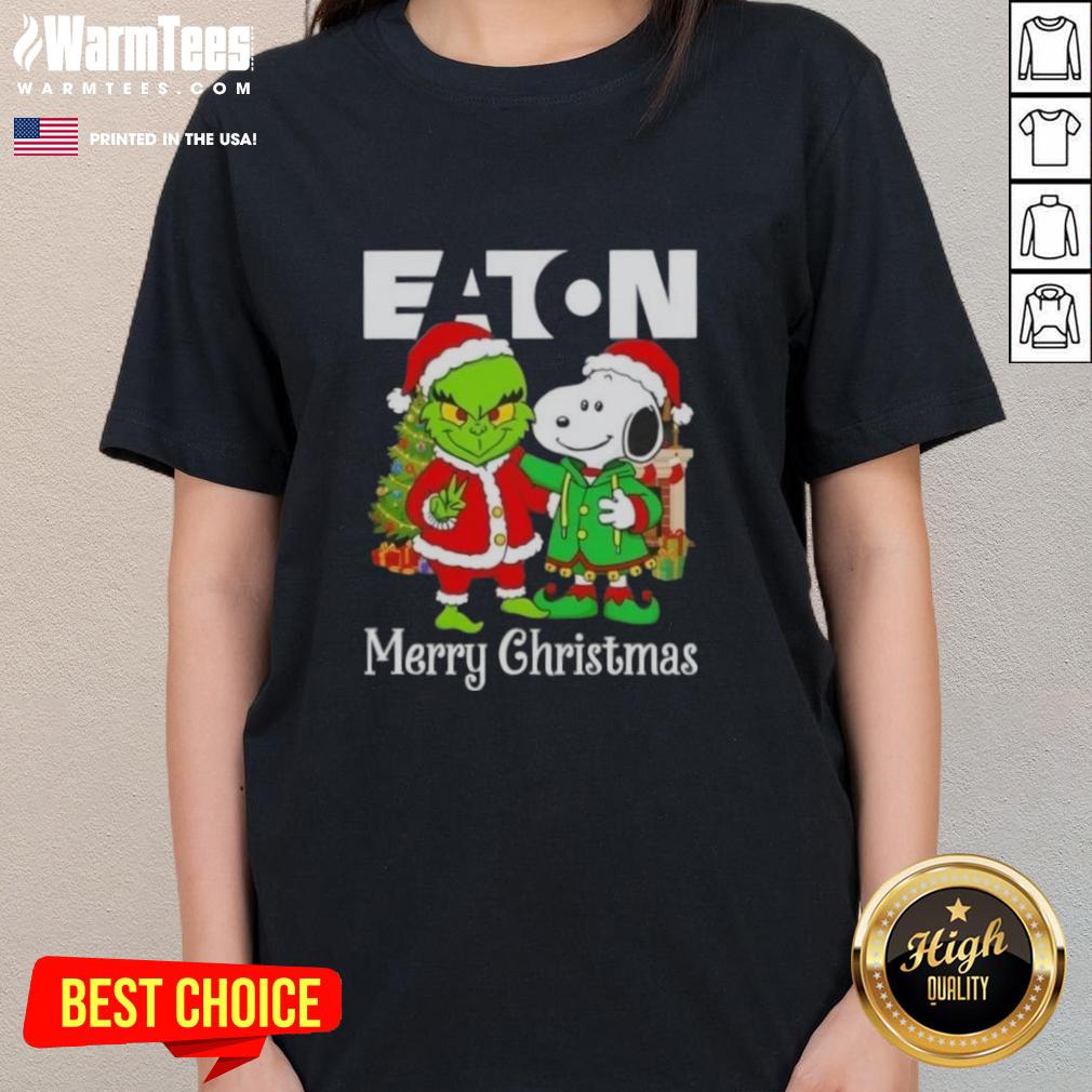Alt Text: Awesome Eaton Corporation X Grinch and Snoopy Merry Christmas Ladies Tee featuring festive designs for holiday cheer.