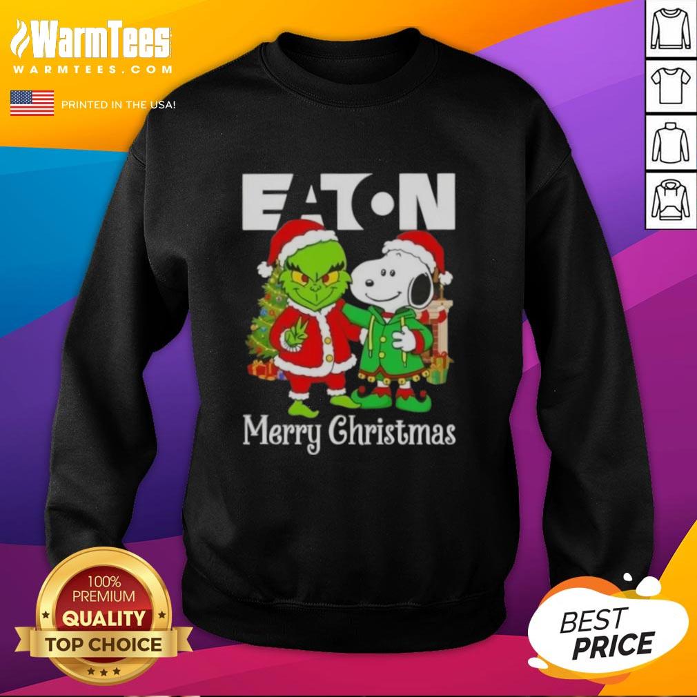 Alt Text: Awesome Eaton Corporation X Grinch and Snoopy Merry Christmas sweatshirt featuring festive designs for holiday cheer.