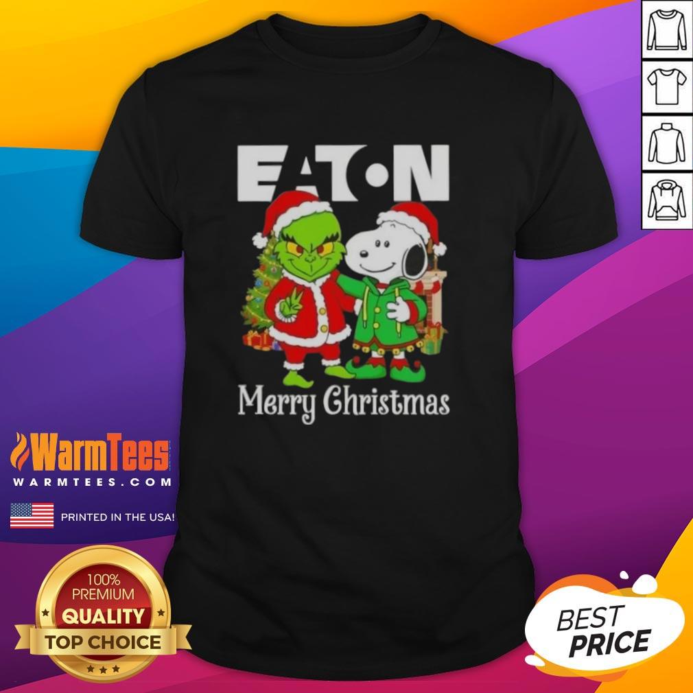 Alt Text: Awesome Eaton Corporation X Grinch And Snoopy Merry Christmas T-Shirt featuring festive designs for holiday cheer.