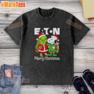Awesome Eaton Corporation X Grinch and Snoopy Merry Christmas washed t-shirt with festive graphics and vibrant colors.