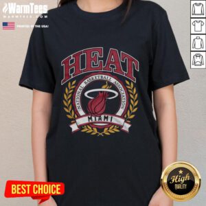 Retro Miami Heat NBA logo with laurel wreath frame on a ladies tee, showcasing vibrant team spirit and style.