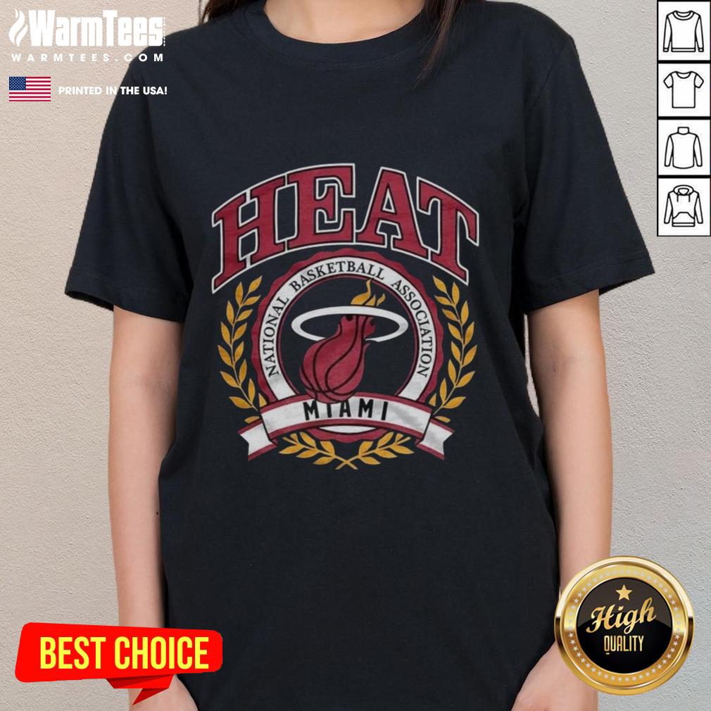 Retro Miami Heat NBA logo with laurel wreath frame on a ladies tee, showcasing vibrant team spirit and style.