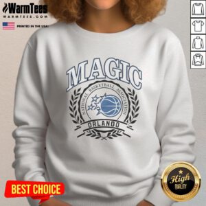 Orlando Magic NBA logo in a laurel wreath frame on a retro sweatshirt, showcasing team spirit and style.
